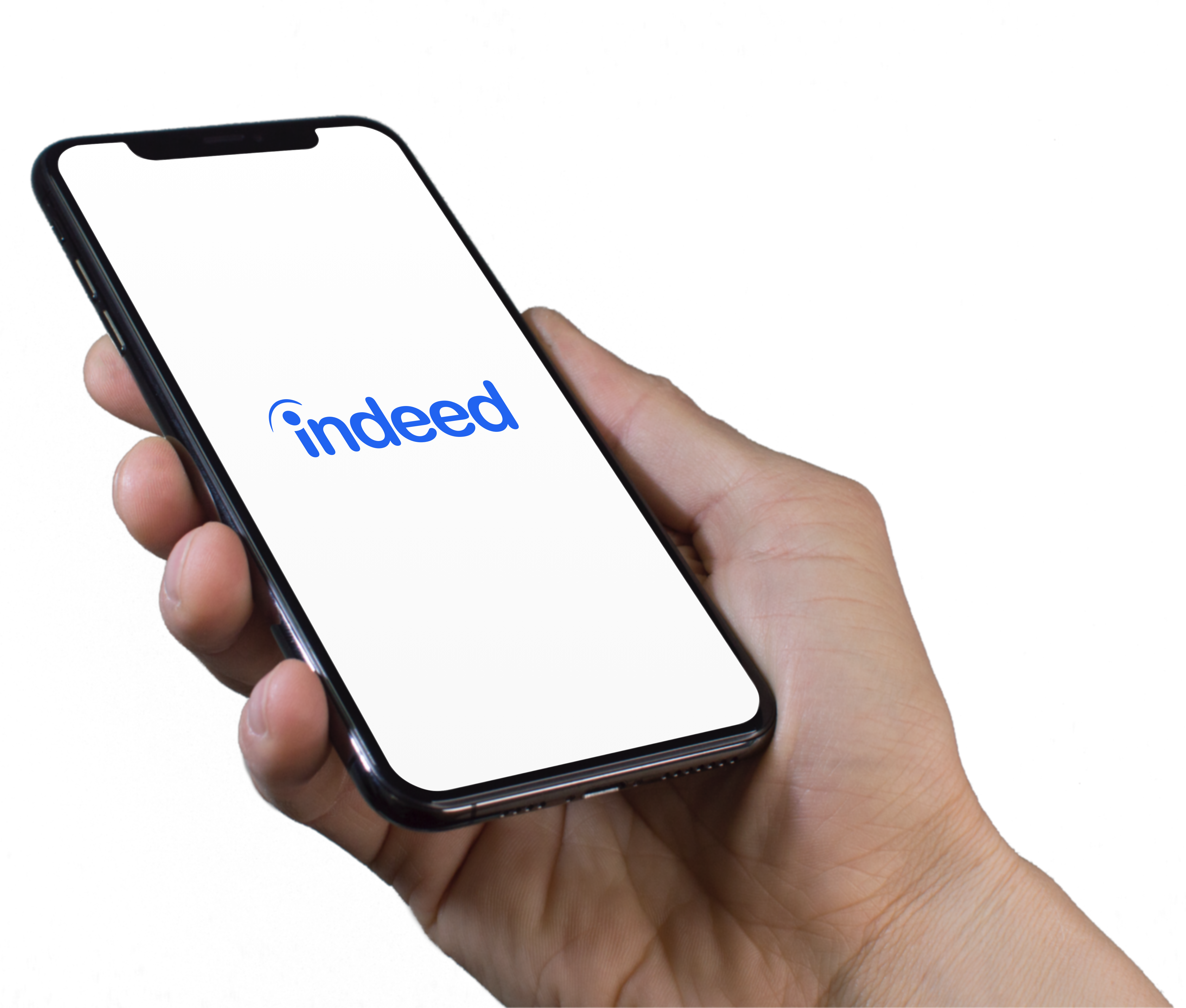 A hand holding an iPhone with an Indeed logo displayed on the screen.